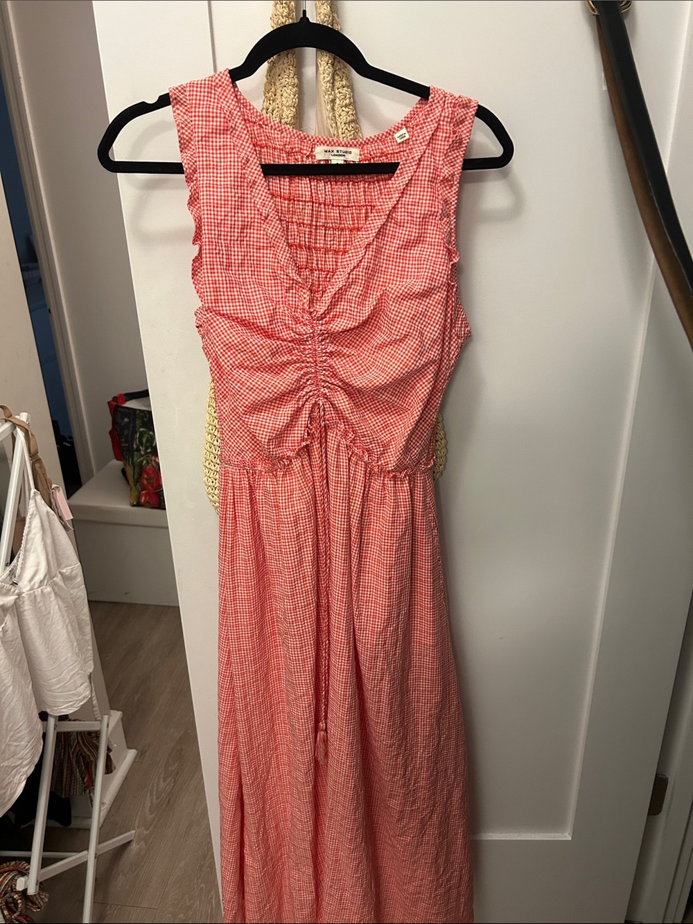 Women’s Pink/Red Gingham Ruched Maxi Dress